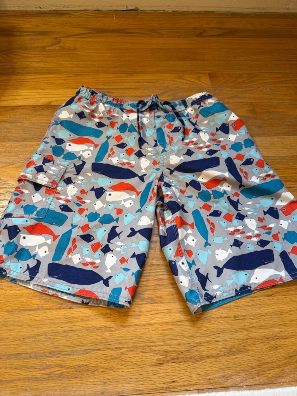 L.L.Bean Gray Swim Trunks with Orange and Teal Fish Print